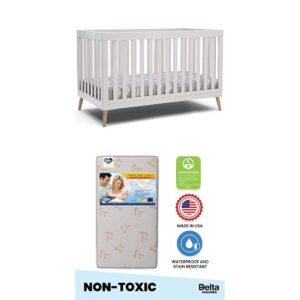 delta children essex 4-in-1 convertible baby crib, bianca white with natural legstwinkle stars limited fiber core crib and toddler mattress
