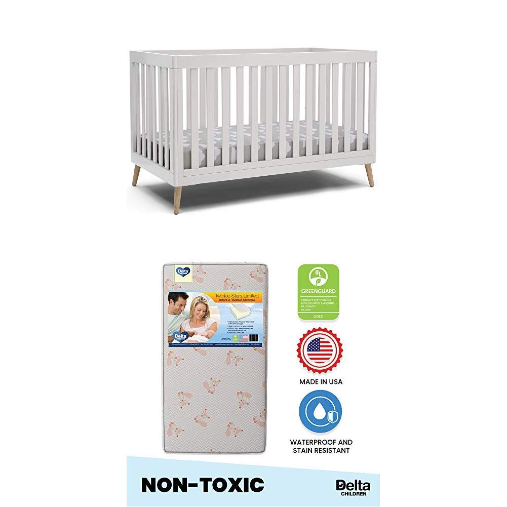 Delta Children Essex 4-in-1 Convertible Baby Crib, Bianca White with Natural LegsTwinkle Stars Limited Fiber Core Crib and Toddler Mattress