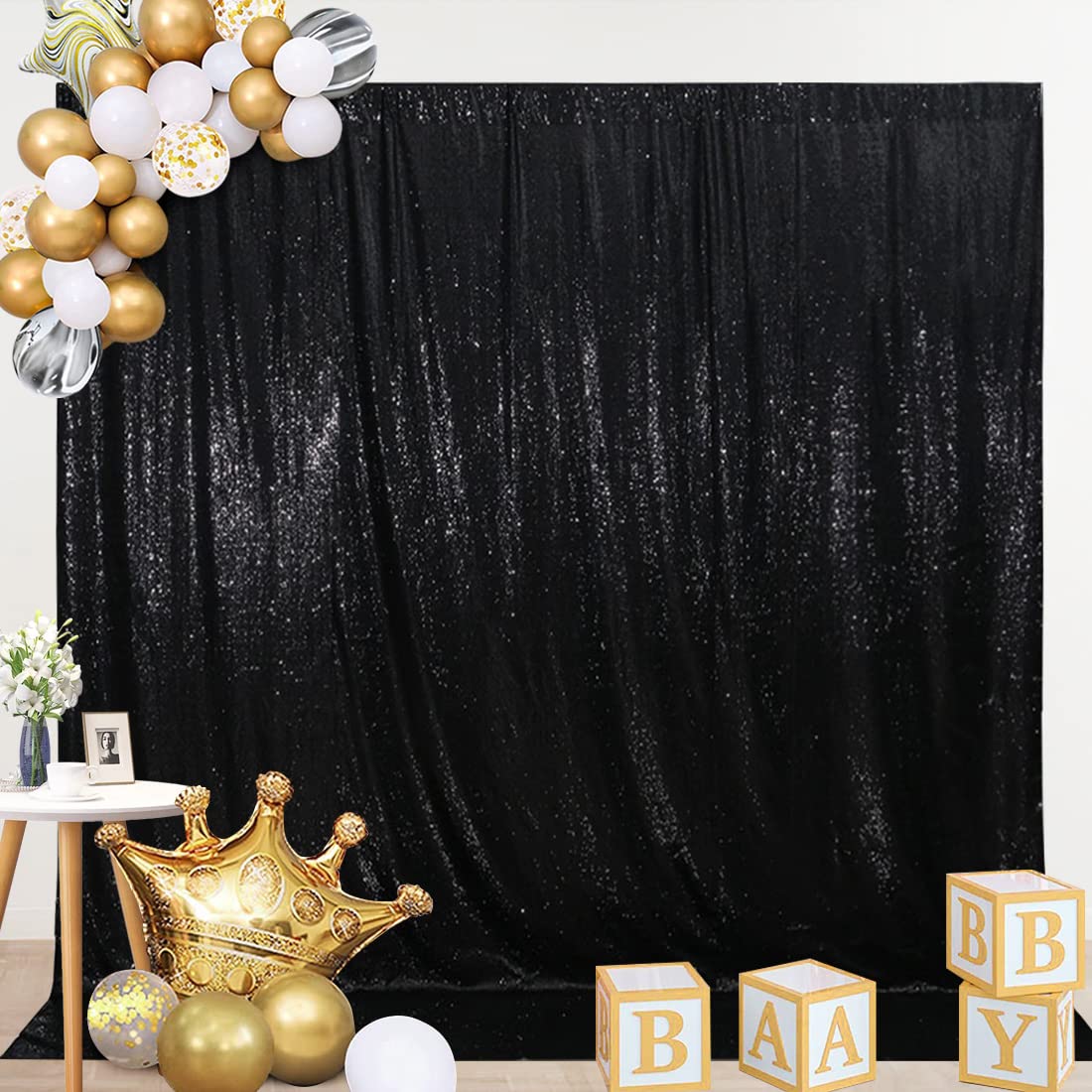 SquarePie Sequin Backdrop Not See Through Thick Stain Background Glitter Curtain Party 10FT x 10FT Black