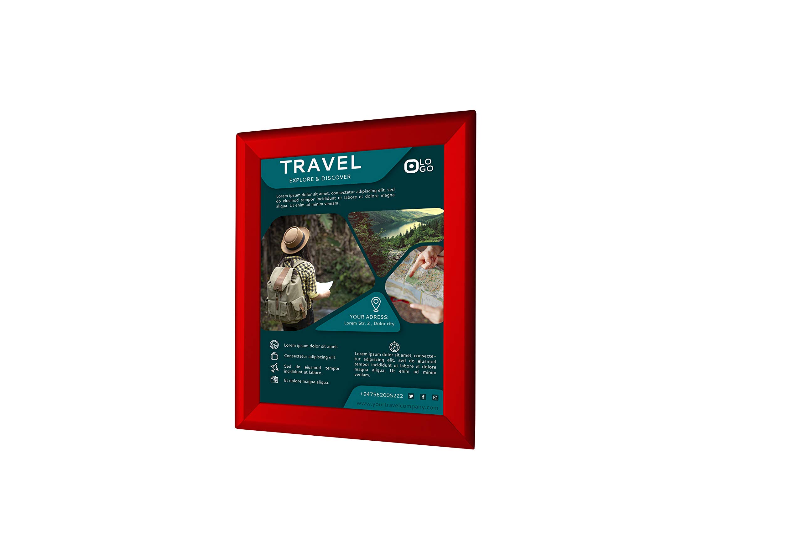 BNV Aluminum Front Load Snap Poster/Picture Certificate Frame, Red, 8.5x11 Inches, 1.25'' Profile, Wall Mounting, Portrait and Landscape Mode, Easy Installation, Anti-Glare, PVC Cover, Lightweight