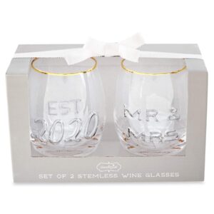 mud pie mr. & mrs. embossed wine glass set, est 2020, 16 oz