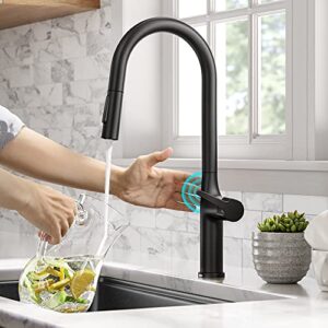 kraus oletto tall modern single-handle touch kitchen sink faucet with pull down sprayer in matte black, ktf-3101mb