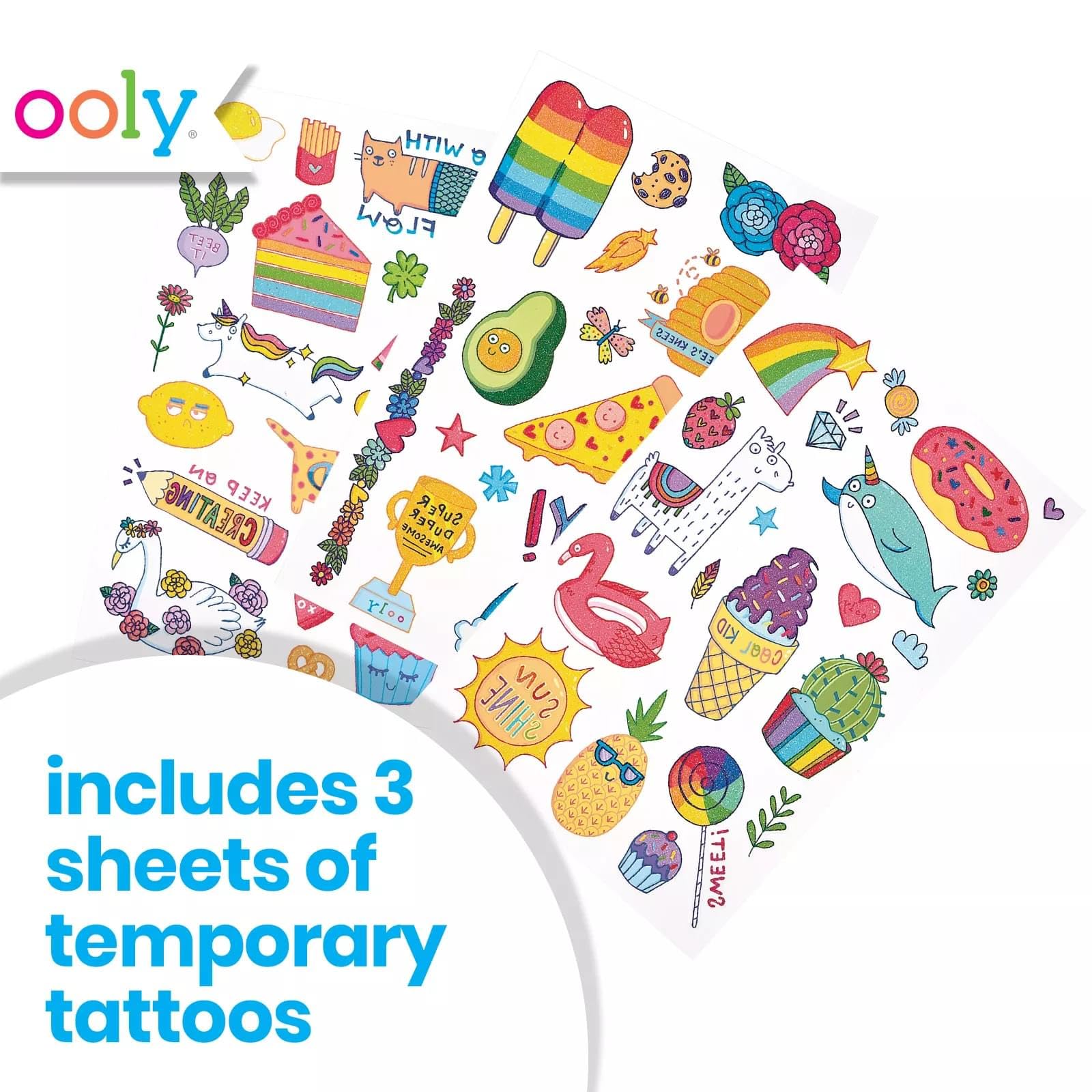 OOLY Glitter Tattoo-Palooza Over 50 Safe Non-Toxic Temporary Tattoos for Kids, Fake Tattoos as Party Favors for kids 4-8, Goodie Bag Stuffers for Birthday Party Supplies [Cute Doodle World]