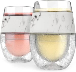 host wine freeze cup set of 2 - plastic double wall insulated wine cooling freezable drink vacuum cup with freezing gel, wine glasses for red and white wine, 8.5 oz marble - gift essentials