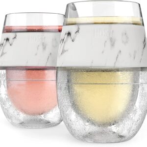 Host Wine Freeze Cup Set of 2 - Plastic Double Wall Insulated Wine Cooling Freezable Drink Vacuum Cup with Freezing Gel, Wine Glasses for Red and White Wine, 8.5 oz Marble - Gift Essentials
