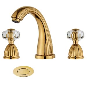 yannlii shiny polished gold widespread bathroom sink faucet,two crystal handle three hole brass lavatory vanity faucet,8-16 inch basin mixer tap with pop up drain assembly,french gold