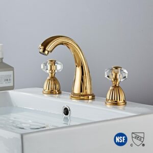 YANNLII Shiny Polished Gold Widespread Bathroom Sink Faucet,Two Crystal Handle Three Hole Brass Lavatory Vanity Faucet,8-16 Inch Basin Mixer Tap with Pop Up Drain Assembly,French Gold