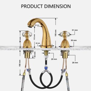 YANNLII Shiny Polished Gold Widespread Bathroom Sink Faucet,Two Crystal Handle Three Hole Brass Lavatory Vanity Faucet,8-16 Inch Basin Mixer Tap with Pop Up Drain Assembly,French Gold