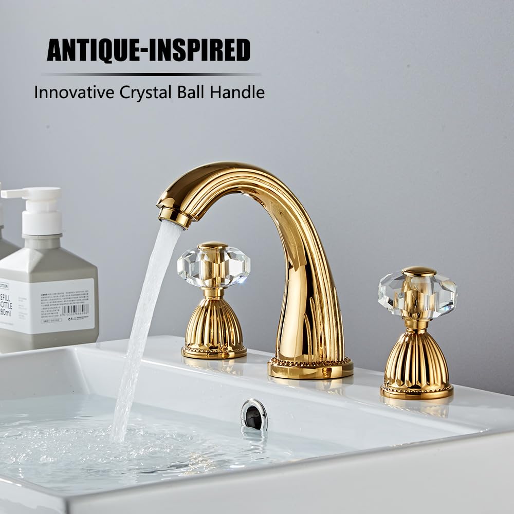 YANNLII Shiny Polished Gold Widespread Bathroom Sink Faucet,Two Crystal Handle Three Hole Brass Lavatory Vanity Faucet,8-16 Inch Basin Mixer Tap with Pop Up Drain Assembly,French Gold