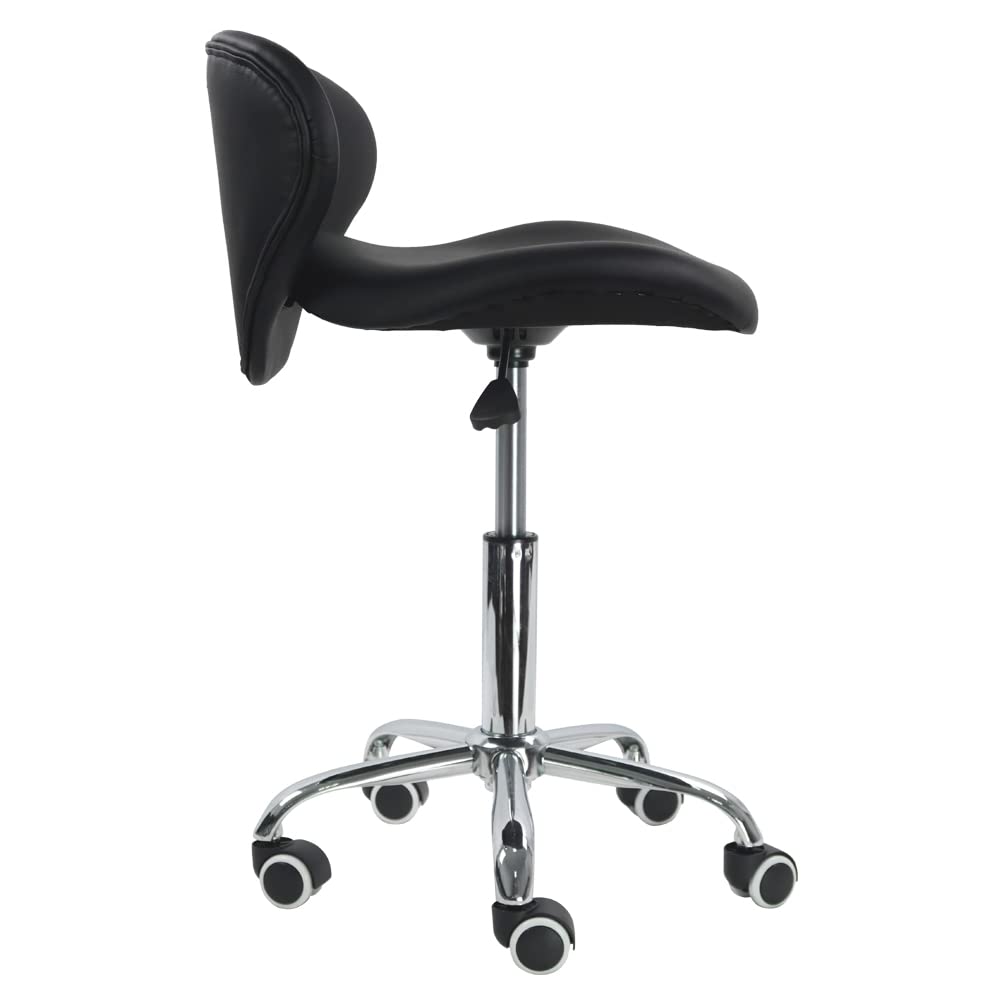 KKTONER PU Leather Low Back Rolling Stool Height Adjustable Modern Shell Shape Seat Home Office Drafting Chair with Wheels (Black)