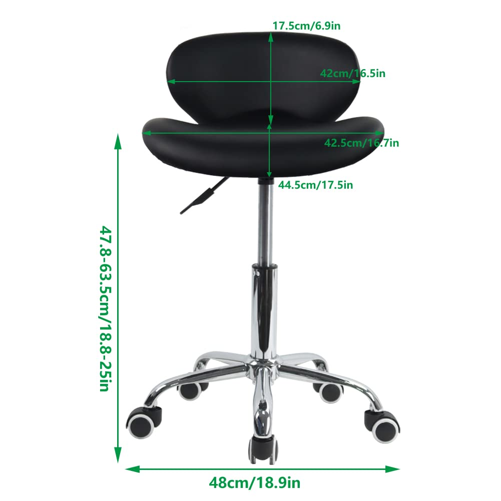KKTONER PU Leather Low Back Rolling Stool Height Adjustable Modern Shell Shape Seat Home Office Drafting Chair with Wheels (Black)