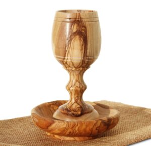 communion cups, goblet, chalice - the lord's supper - wooden bread tray with handmade olive wood kiddush cup also for eucharist of the holy communion in christian congregations in gift bag.