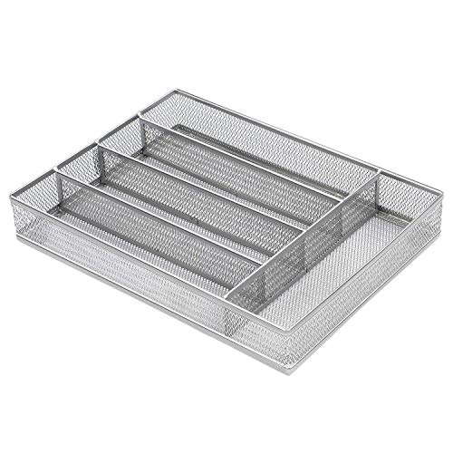 LUOOV 5 Compartment Mesh Small Cutlery Tray with Foam Feet - Kitchen Organization/Silverware Storage Kitchen Utensil Flatware Tray (Silver)