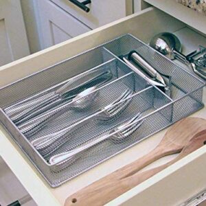 LUOOV 5 Compartment Mesh Small Cutlery Tray with Foam Feet - Kitchen Organization/Silverware Storage Kitchen Utensil Flatware Tray (Silver)