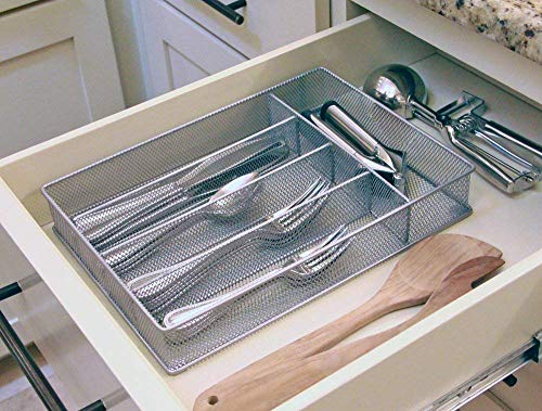 LUOOV 5 Compartment Mesh Small Cutlery Tray with Foam Feet - Kitchen Organization/Silverware Storage Kitchen Utensil Flatware Tray (Silver)