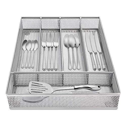 LUOOV 5 Compartment Mesh Small Cutlery Tray with Foam Feet - Kitchen Organization/Silverware Storage Kitchen Utensil Flatware Tray (Silver)