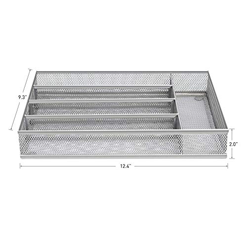 LUOOV 5 Compartment Mesh Small Cutlery Tray with Foam Feet - Kitchen Organization/Silverware Storage Kitchen Utensil Flatware Tray (Silver)