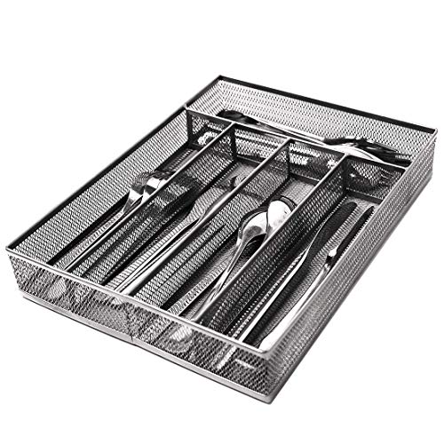 LUOOV 5 Compartment Mesh Small Cutlery Tray with Foam Feet - Kitchen Organization/Silverware Storage Kitchen Utensil Flatware Tray (Silver)