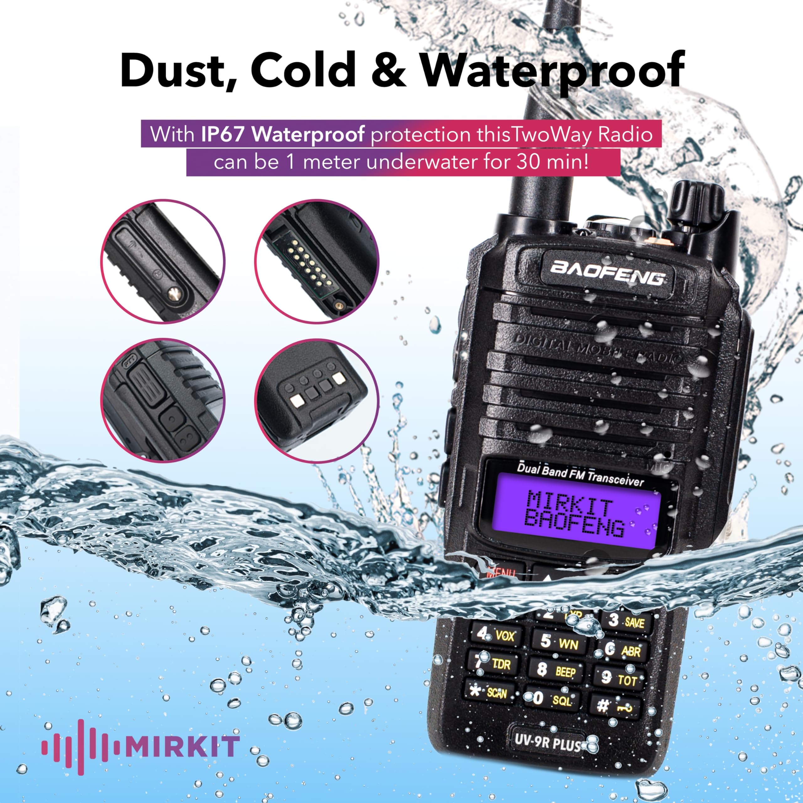 Mirkit Waterproof Baofeng Radio UV-9R Plus MK1 (UV-82 3rd Generation) 8W Ham Radio VHF/UHF 144-148/420-450mhz Walkie Talkie with 2200mAh Battery, IP67 Radio: Dust, Cold & Waterproof Radio