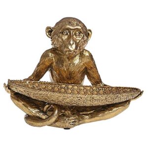 jj gifts cute monkey statue holding a woven basket in his lap. resin tray bowl dish home decoration organizer with gold finish for potpourri fruit snacks keys jewelry