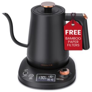 vianté electric gooseneck pour over kettle with precise temperature control for coffee & tea. rapid boil, bpa-free stainless steel. includes free paper coffee filters. 0.8l capacity