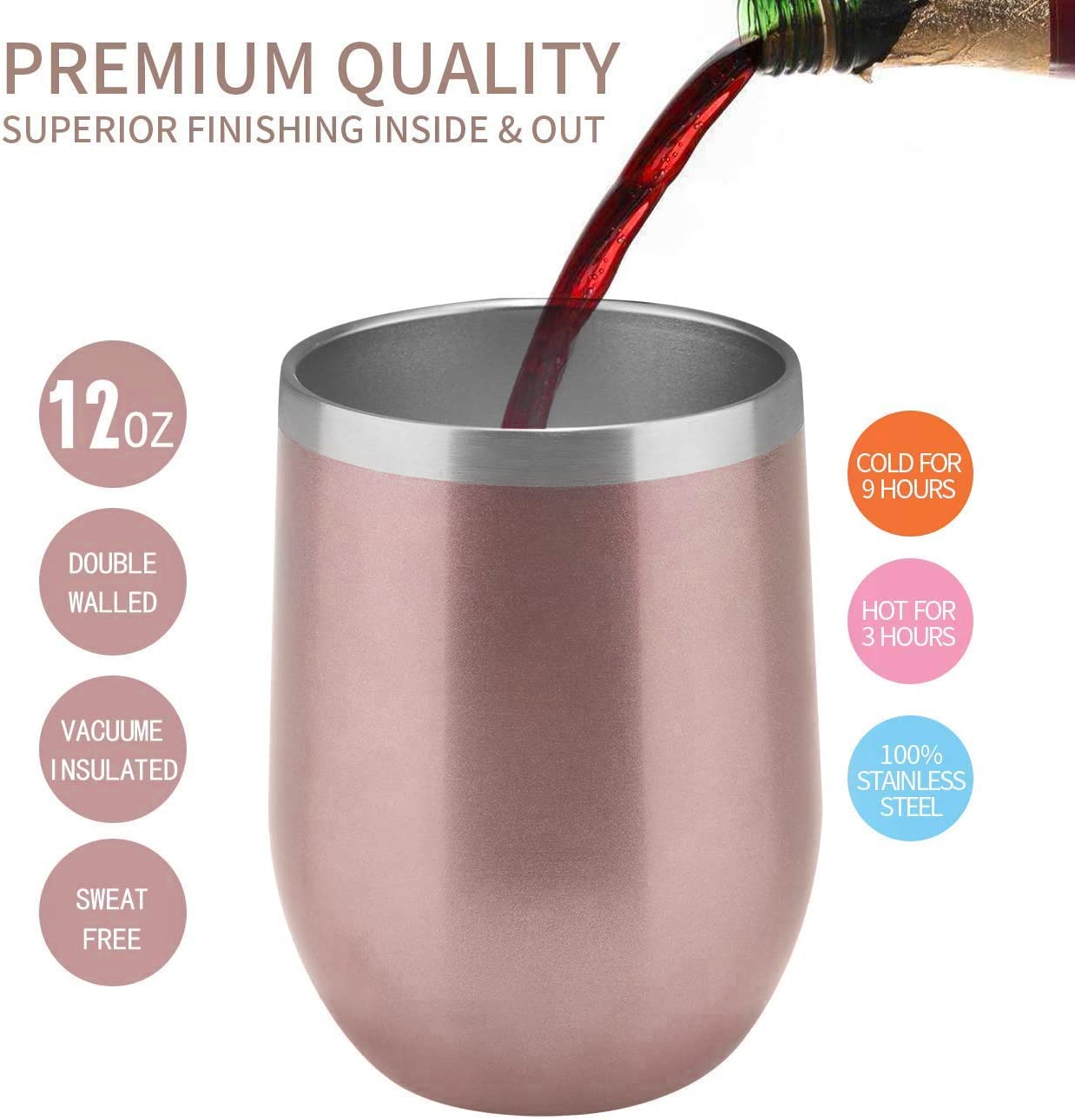 MUCHENGHY 12 oz Wine Glass Tumbler Bulk with Lid, Stainless Steel Double Wall Vacuum Insulated Stemless Wine Glass, Insulated Travel Wine Cup for Champaign, Cocktail, Christmas