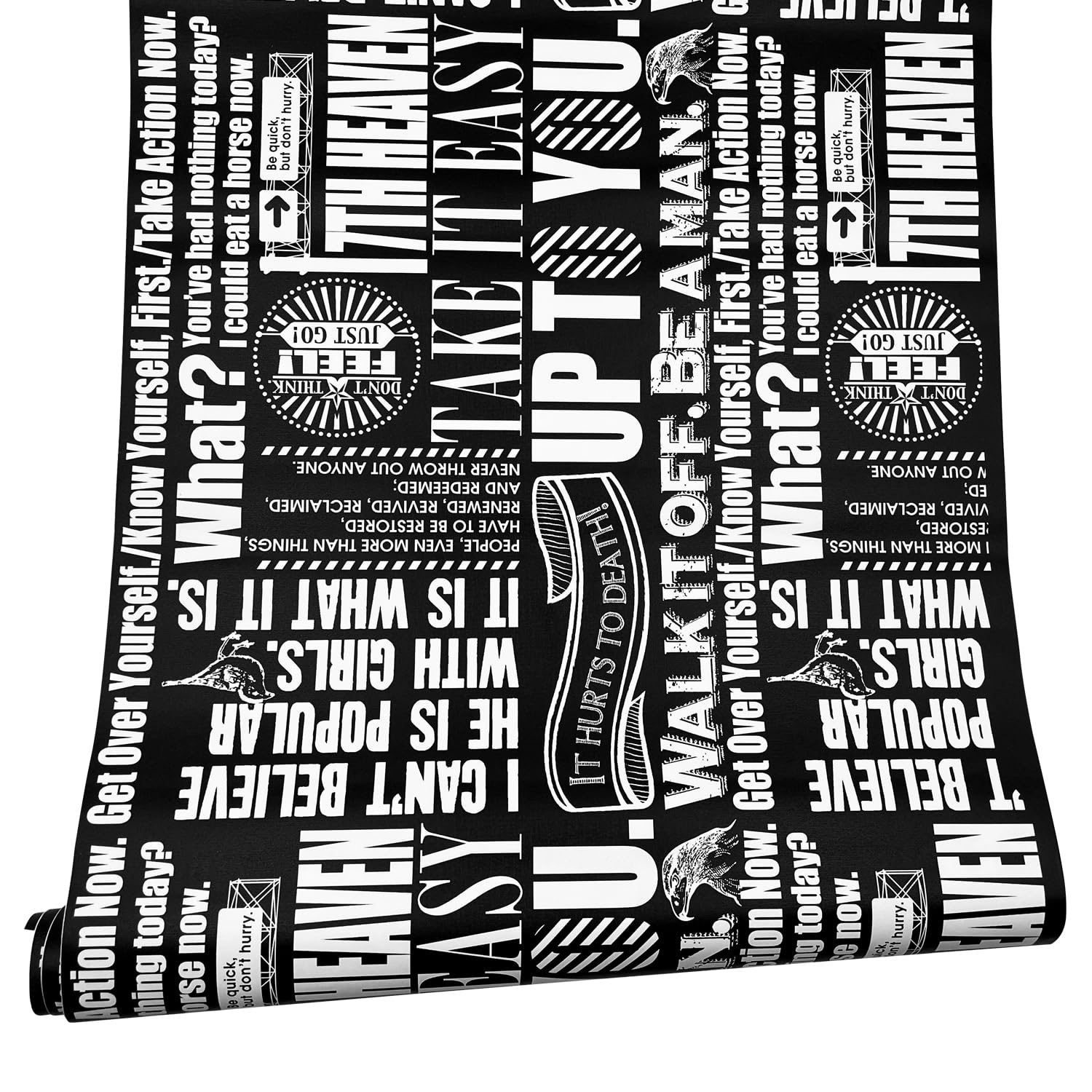 LovingWay 14.7 feet Wallpaper Roll Retro Newspaper Shelf Liner 17.7x177 Inch White Text Office File Cabinets Lining Black Paper Christmas Wall Decor