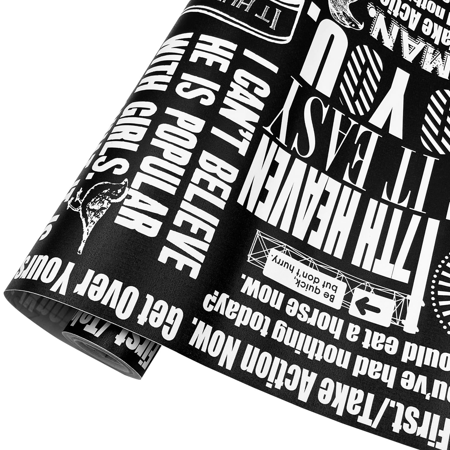 LovingWay 14.7 feet Wallpaper Roll Retro Newspaper Shelf Liner 17.7x177 Inch White Text Office File Cabinets Lining Black Paper Christmas Wall Decor