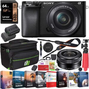 sony a6100 mirrorless camera 4k aps-c ilce-6100lb with 16-50mm f3.5-5.6 oss lens bundle with 2x battery + deco gear travel bag case + 64gb memory card + photo video software kit + accessories