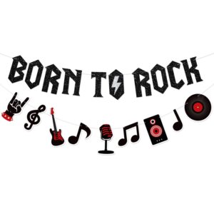 mosailles born to rock glitter banner with music note garland 1950's rock and roll party decorations music theme 1st birthday party supplies 50s rock party favors record wall decor