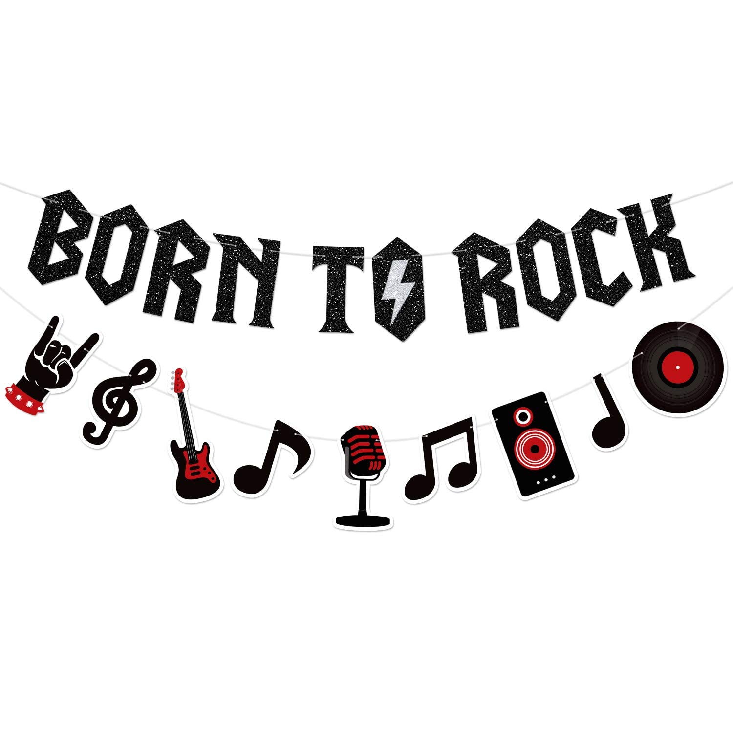 Mosailles Born to Rock Glitter Banner with Music Note Garland 1950's Rock and Roll Party Decorations Music Theme 1st Birthday Party Supplies 50s Rock Party Favors Record Wall Decor