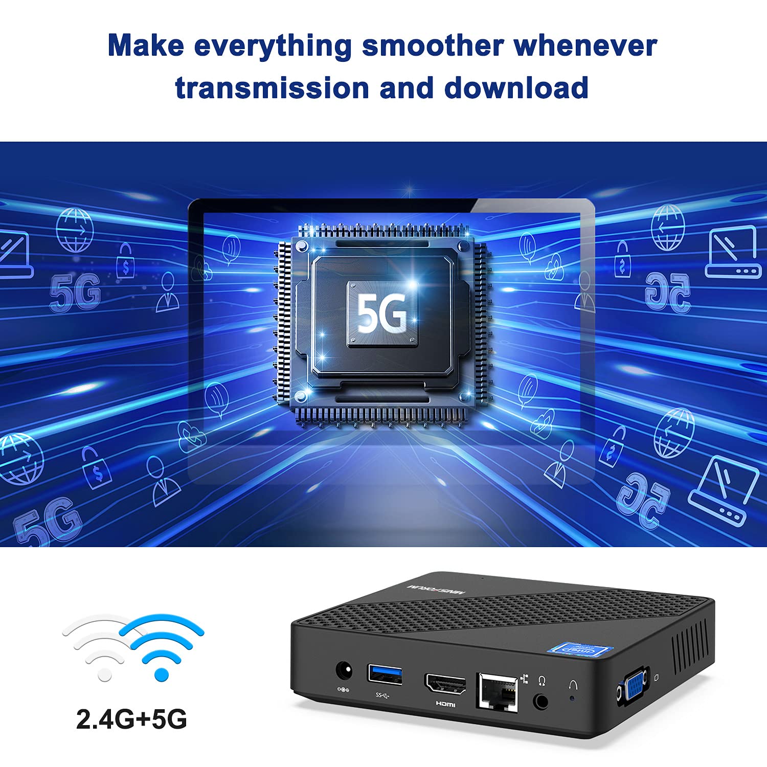 KODLIX Mini PC Celeron N4020(up to 2.8GHz), DDR4 4GB/64GB eMMC Mini PC Fanless UHD 4k@60Hz, Mini Computer Support HDMI&VGA, USB3.0, 2.4/5.8G Wi-Fi, DIY NGFF 2242 SSD