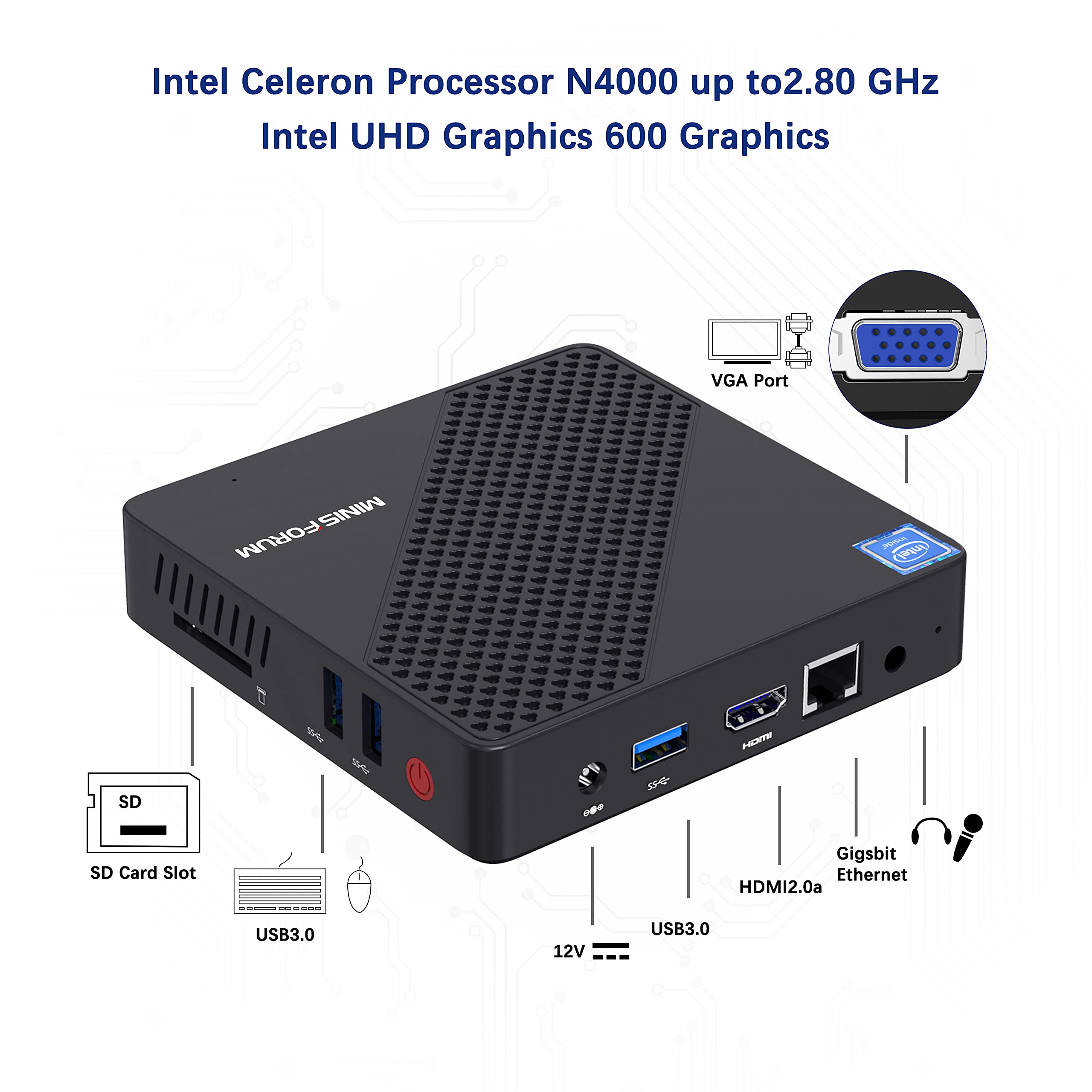 KODLIX Mini PC Celeron N4020(up to 2.8GHz), DDR4 4GB/64GB eMMC Mini PC Fanless UHD 4k@60Hz, Mini Computer Support HDMI&VGA, USB3.0, 2.4/5.8G Wi-Fi, DIY NGFF 2242 SSD