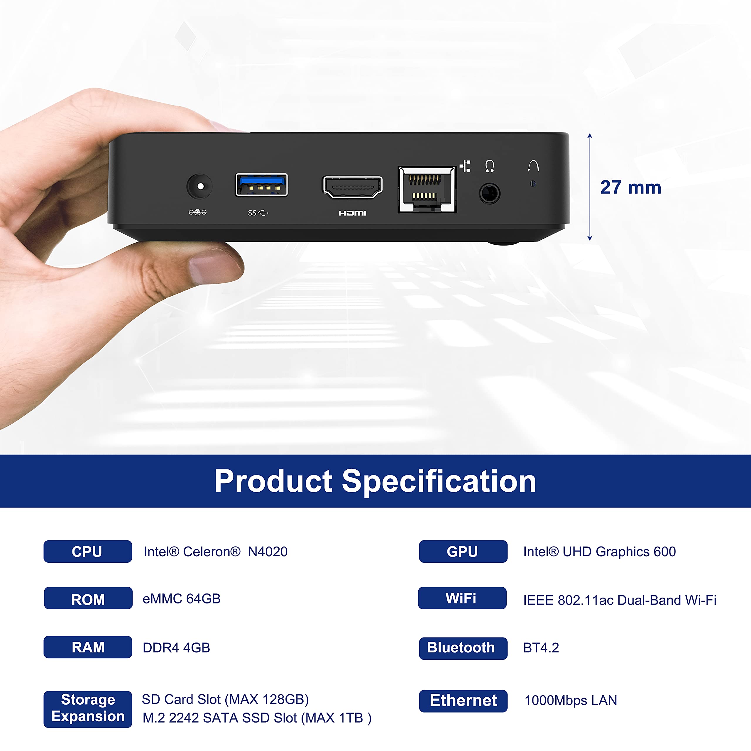 KODLIX Mini PC Celeron N4020(up to 2.8GHz), DDR4 4GB/64GB eMMC Mini PC Fanless UHD 4k@60Hz, Mini Computer Support HDMI&VGA, USB3.0, 2.4/5.8G Wi-Fi, DIY NGFF 2242 SSD