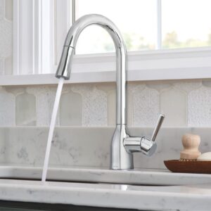 Moen Adler Chrome One-Handle High Arc Kitchen Sink Faucet with Power Clean, Modern Kitchen Faucet with Pull Down Sprayer, 87233