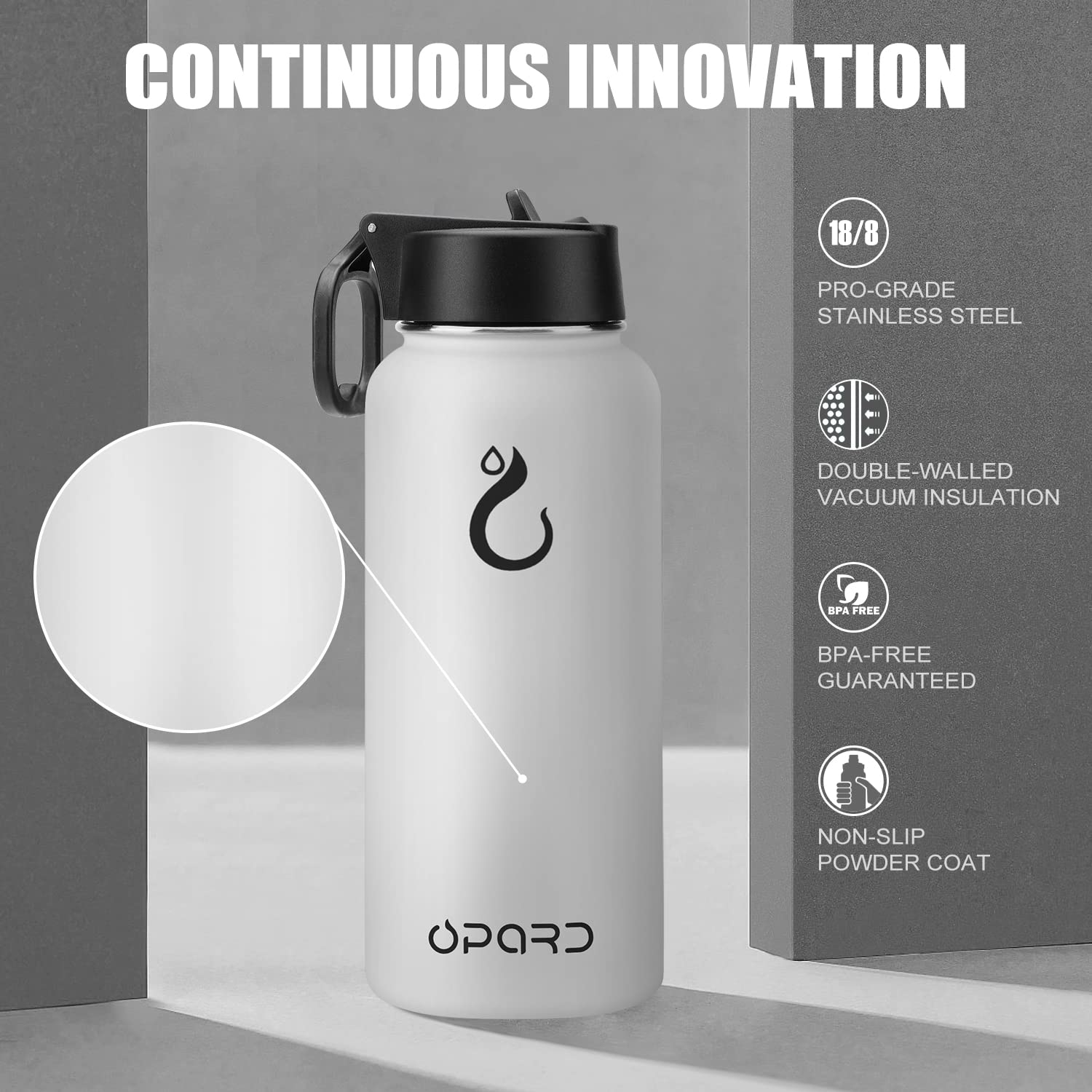 Opard Stainless Steel Water Bottle, 32 oz Vacuum Insulated Double Walled Leak Proof Sports Water Bottle with Straw for Gym Travel Camping