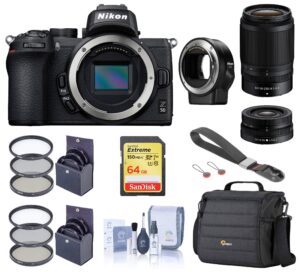 nikon z 50 dx-format mirrorless camera with 16-50mm and 50-250mm vr lens, essential bundle with ftz mount adapter, case, filter kits, 64gb sd card, wrist strap, cleaning kit