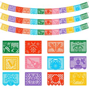 3 packs mexican banners, 66 ft(22ft x 3) papel picado banner, large plastic mexican fiesta banners cinco de mayo party fiesta decorations mexican themed birthday party supplies 12 patterns with string