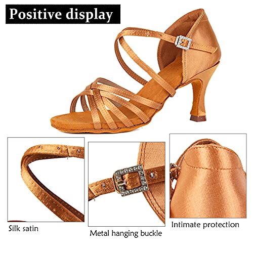 DKZSYIM Women's Satin Latin Dance Shoes Professional Ballroom Salsa Practice Performance Dancing Shoes,213-ZS-Brown-7.5,US 9.5