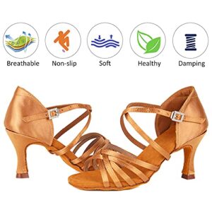 DKZSYIM Women's Satin Latin Dance Shoes Professional Ballroom Salsa Practice Performance Dancing Shoes,213-ZS-Brown-7.5,US 9.5