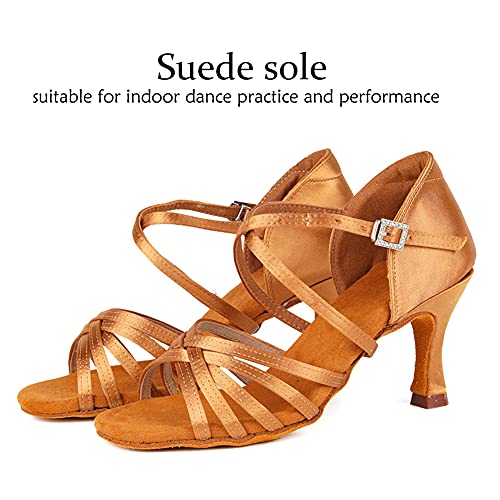 DKZSYIM Women's Satin Latin Dance Shoes Professional Ballroom Salsa Practice Performance Dancing Shoes,213-ZS-Brown-7.5,US 6