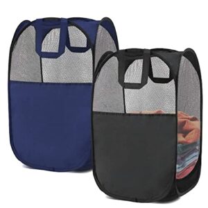 benjunc 2 laundry baskets, pop-up laundry baskets, foldable mesh laundry baskets (each with 2 reinforced handles), black + blue…