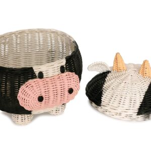 G6 COLLECTION Cow Rattan Storage Basket With Lid Decorative Bin Home Decor Hand Woven Shelf Organizer Cute Handmade Handcrafted Nursery Gift Animal Decoration Artwork Wicker Cow