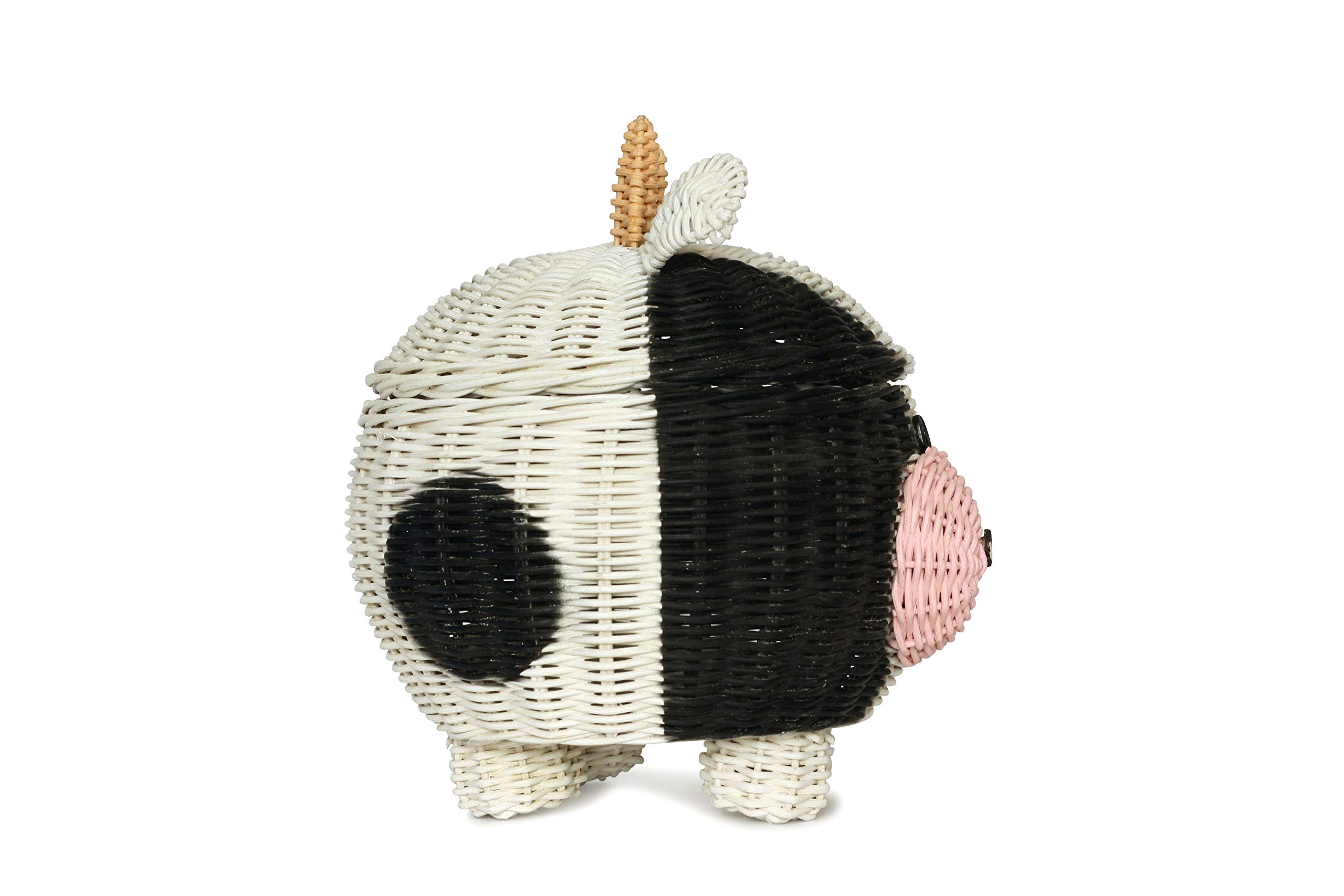 G6 COLLECTION Cow Rattan Storage Basket With Lid Decorative Bin Home Decor Hand Woven Shelf Organizer Cute Handmade Handcrafted Nursery Gift Animal Decoration Artwork Wicker Cow