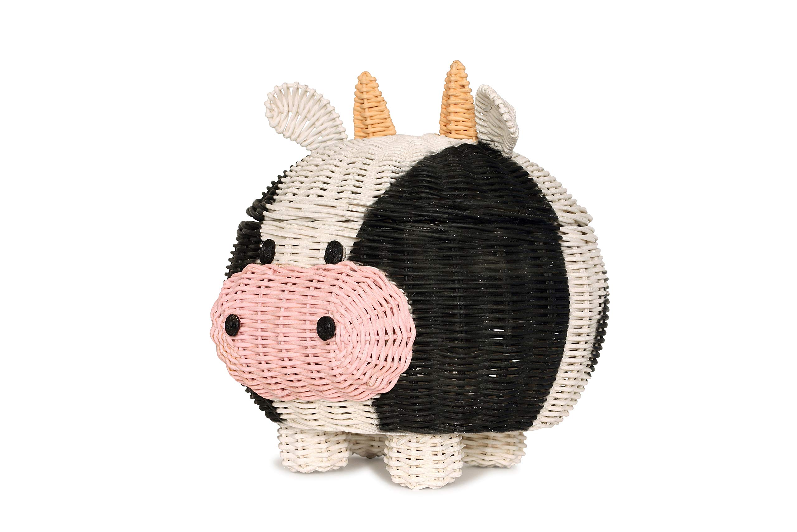 G6 COLLECTION Cow Rattan Storage Basket With Lid Decorative Bin Home Decor Hand Woven Shelf Organizer Cute Handmade Handcrafted Nursery Gift Animal Decoration Artwork Wicker Cow