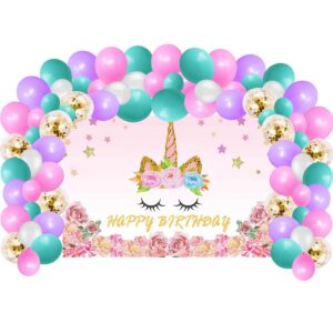 unicorn birthday party supplies decorations for girls, rainbow unicorn party backdrop and balloons kit for photo background, photo backdrop gift