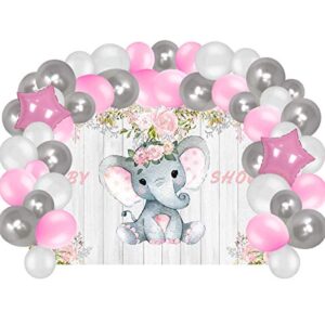 baby shower supplies decorations for girl, elephant backdrop and balloons kit for girls photo background, (no banner cake topper, favors and flatware)