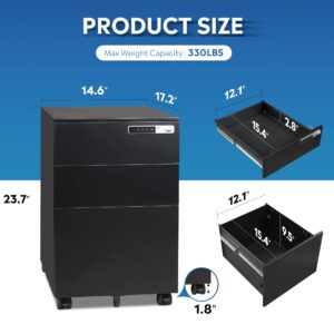 DEVAISE 3-Drawer Mobile File Cabinet with Smart Lock, Pre-Assembled Steel Pedestal Under Desk, Black