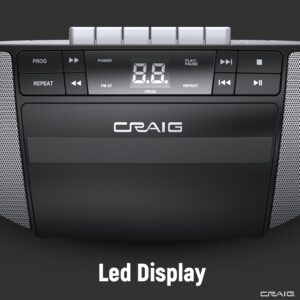 Craig Portable Top-Loading CD Boombox with AM/FM Stereo Radio and Cassette Player/Recorder in Black | Cassette Player/Recorder | LED Display (Black/Gray)