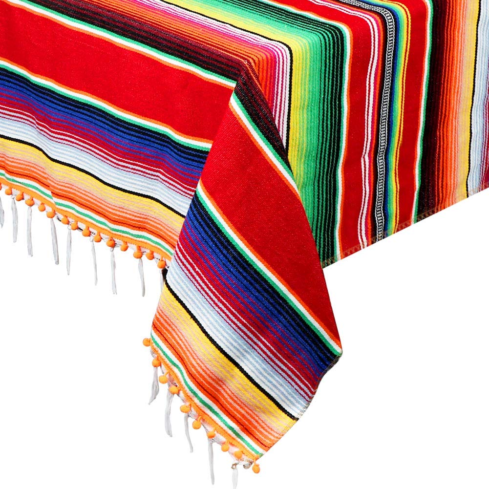 OurWarm 84 X 59 Inch Mexican Tablecloth Serape Blanket, Upgraded Mexican Blankets with Pom Pom Trim for Mexican Party Wedding Cinco De Mayo Fiesta Decorations, Large Outdoor Fiesta Table Cover Picnic